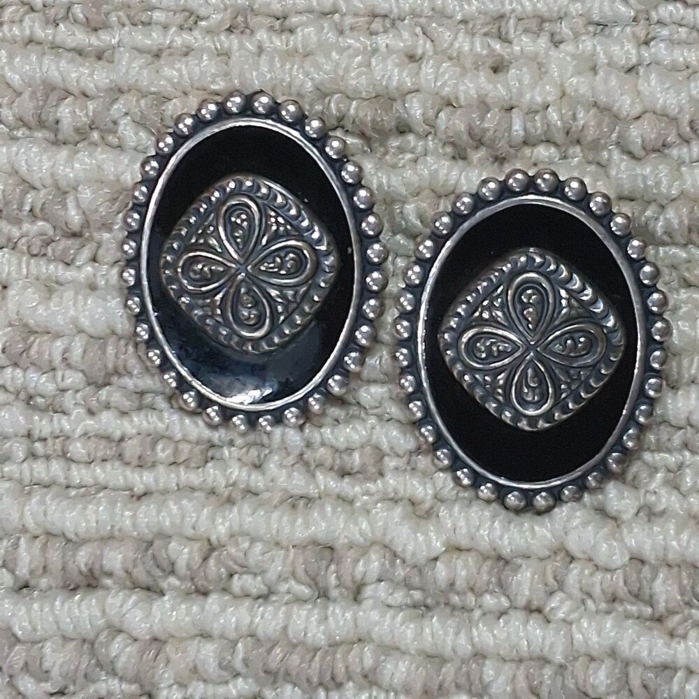 Vintage Premier Designs Black Enamel Oval Silver Tone Stud Earrings Beaded...